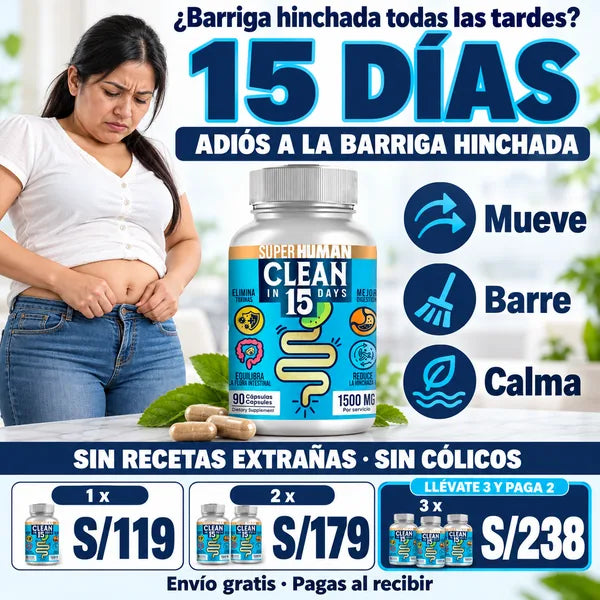 Clean15: adiós a la barriga hinchada en 15 días, 1, 2 y 3 frascos